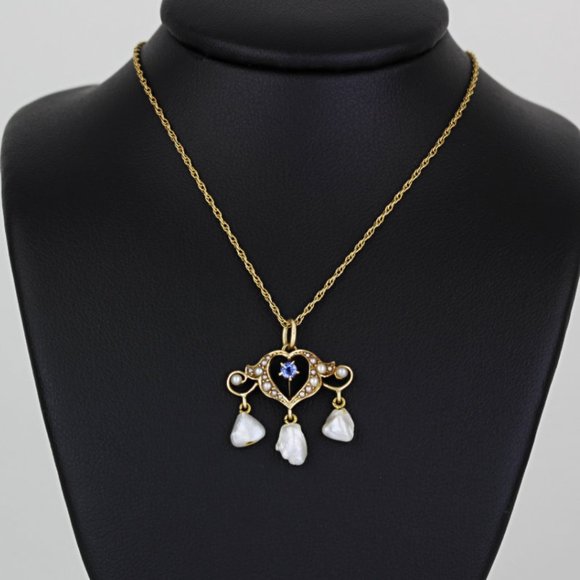 Antique Edwardian 14k Gold Sapphire + Pearl Heart Pendant Necklace (c.1900) - Picture 6 of 9